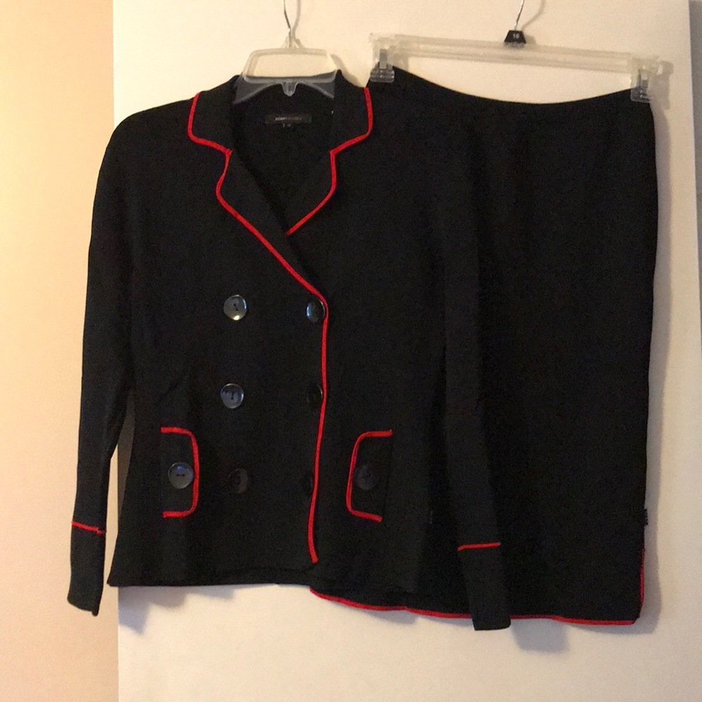 BCBG Black sweater suit with red trim